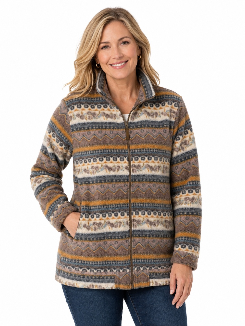 Women’s Patterned Zip-Front Fleece Jacket - Brown Multi - 1004